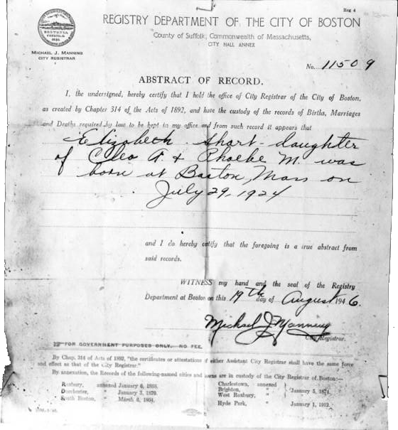 Elizabeth Short's birth certificate